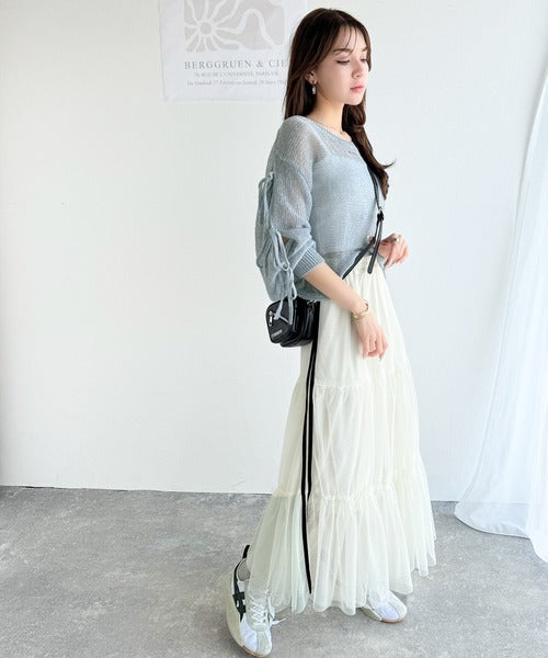 【mily bilet】大人のきらめき。プレートデザイン透かし編み袖リボンラメニット(ワンオフショル2way) mi1259009