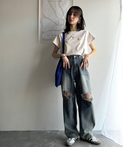 【sustaina+】オーガニックコットン100%。胸元ラメ糸ワンポイント刺繍 無地＆ボーダー柄Tシャツ（半袖） ce1260397