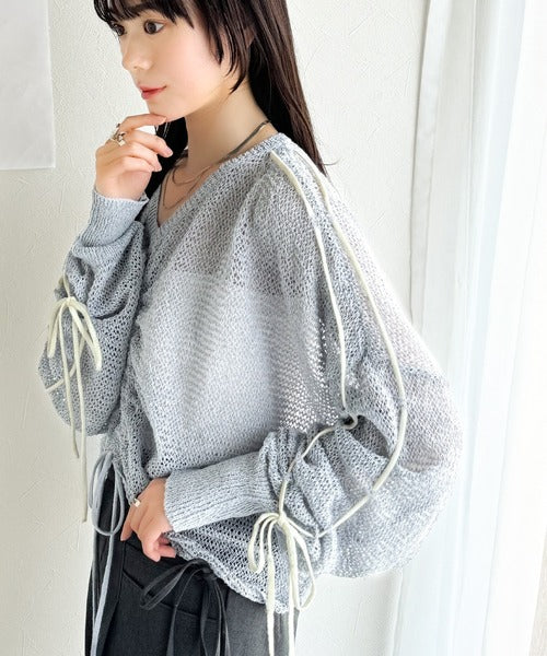 【mily bilet】ルーズな愛らしさで魅了する。透かし編みギャザー仕様リボンプルオーバー（長袖） mi1029102