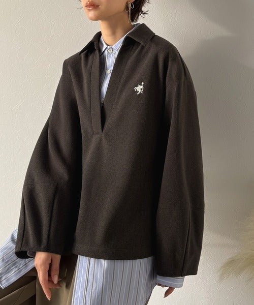 【Classical Evon】優しい温もり、上品見え。圧縮ニット襟付きキーネックプルオーバー ev1110143