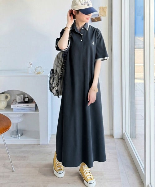 【UVカット機能付き】嬉しい体型カバー◎フレアラインが揺れる オーバーサイズワッフルポロワンピース（半袖） ce0940263