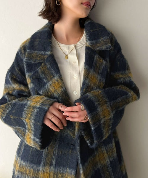 【Classical Evon】大人の余裕を纏う。チェック柄オーバーサイズフェイクウールシャギーコクーンコート（ミドル丈） ev1240132