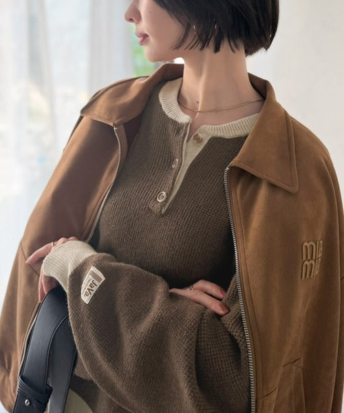 《JaVaジャバコラボ》ふっくら、袖たっぽり。ワッフル編みヘンリーネックオーバーサイズ配色ニット jv1350022