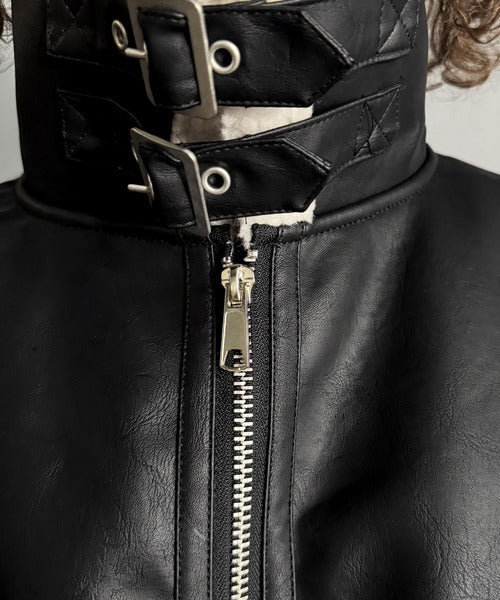 【Classical Origin】「ずっしりかっこいい。」2way襟ボア切り替えフェイクレザージャケット／2way Boa Collar Faux Leather Jacket co1150081