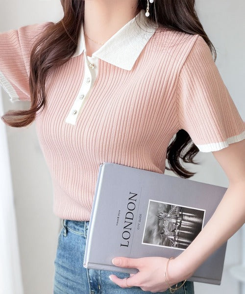 【mily bilet】オン・オフ使えて、春夏コーデにピッタリ。金縁ボタン使いバイカラーリブポロニット(半袖) mi1029197