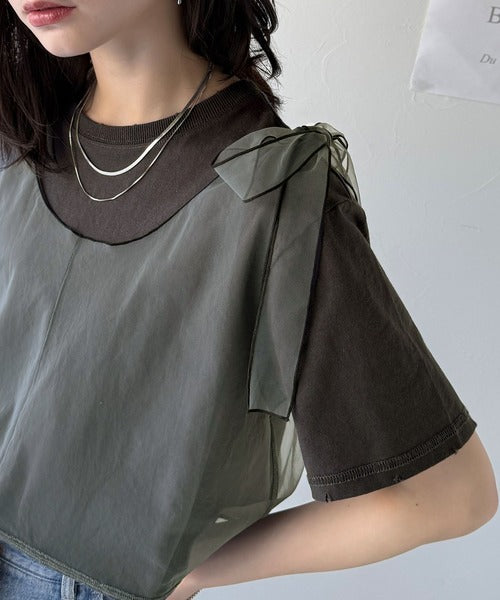 華やかレイヤード！綿100％チュールドッキングマルチウェイ半袖トップス ce1260405