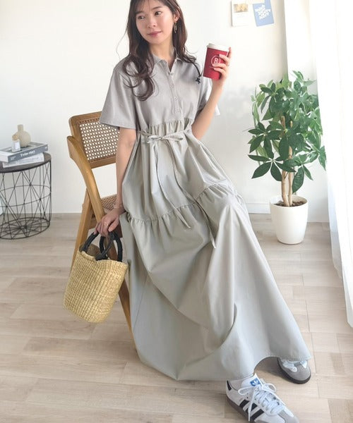 異素材ミックスが目を惹く。胸刺繍ポロ衿布帛切り替えカットティアードワンピース（半袖） ce1020350