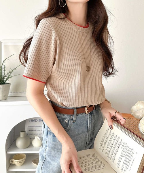 遊び心くすぐる、大人のプチ配色。袖先配色リブニット(半袖) ce1050376