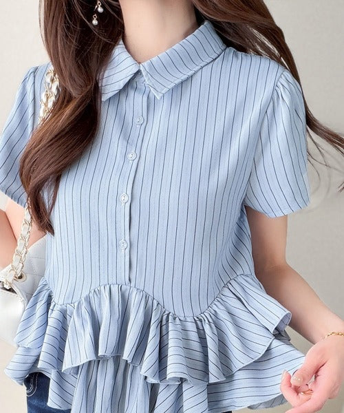 【mily bilet】360度どこから見ても可愛い！無地＆ストライプ襟付き裾ダブルフリルシャツ(半袖) mi1329096