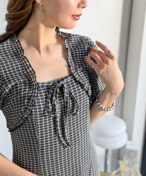 【mily bilet】ボレロ見えレイヤードでスタイルアップ。リボン付き パフスリーブドッキングワンピース (ロング丈) mi1019131
