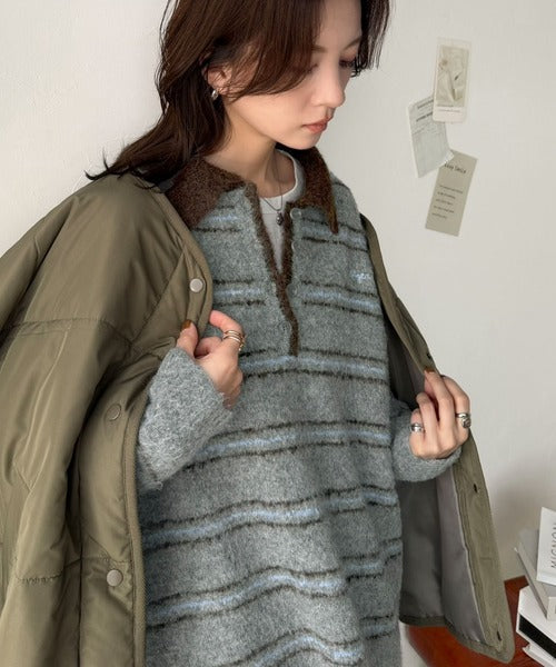 メンズライクに女子っぽさを。胸刺繍ブークレ配色ボーダーニットポロ（長袖） ce1240142