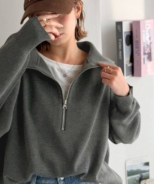開けて、閉めてお洒落のアレンジ自由自在。ハーフジップオーバーサイズニット（長袖） ce1020372
