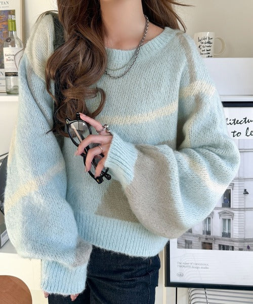 【mily bilet】きゅんモテニット♪柔らかな配色を、ふんわり軽やかに。ニュアンス柄短丈ニットプルオーバー mi1029208