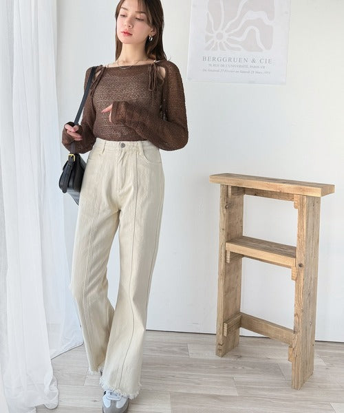 【mily bilet】大人かわいい肌見せを叶える。プレートデザイン前後2WAYメッシュ編み肩リボンニットプルオーバー（長袖） mi1259014