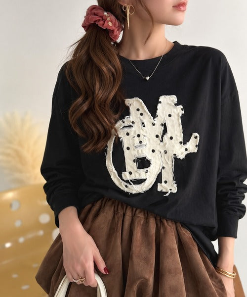 【mily bilet】"秋もこの子と一緒♪"ヴィンテージライクな存在感。ドットデニムフリンジワッペン使いロンT(長袖) mi1329133