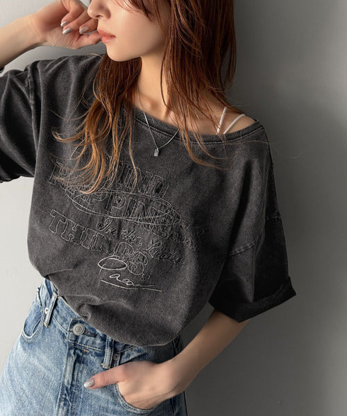 綿100%メンズライクヴィンテージウォッシュ☆前後2way刺繍ワイドネックTシャツ ce1260421