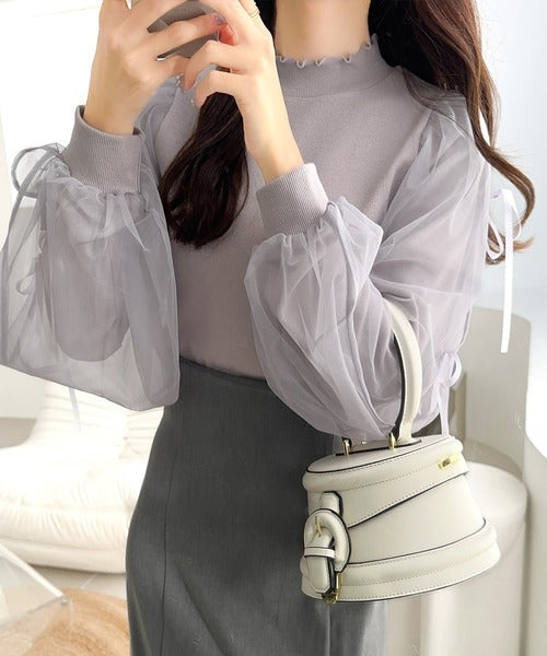 【mily bilet】大人可愛いふんわりスリーブが魅力♪サイドスリットリボンチュール重ねニットソー（長袖） mi1359005
