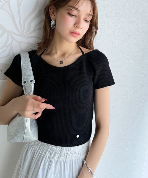 【mily bilet】お洒落この夏さらっと着れる♪チョーカーリボン紐付きサマーニットトップス(半袖) mi1029110