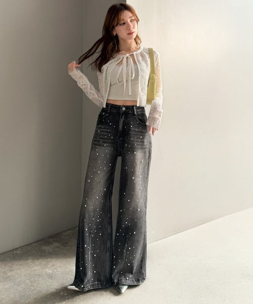 【mily bilet】カジュアルにきらめきを。パールビジューワイドストレートデニムパンツ mi1419001
