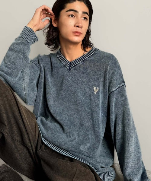 【Classical Origin】「自分ウケ最強。」綿100％刺繍入りピグメント加工Vネックセーター／Pigment-Dyed 100% Cotton Embroidered V-Neck Sweater co0780016