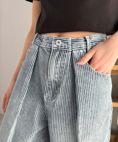 【mily bilet】こなれ感漂うヴィンテージ風デニム。タック入りヒッコリーパンツ mi0909024