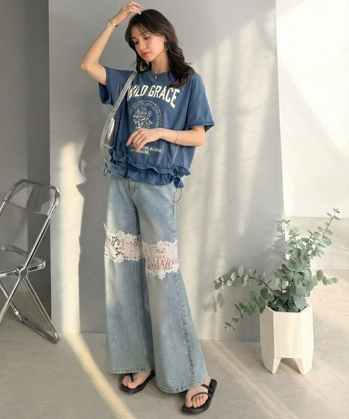 【mily bilet】甘辛バランスが叶う！綿100％ゆるシルエット裾ドロストフリルプリントTシャツ mi1329075