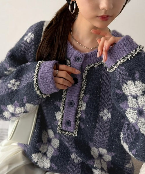レトロな花柄に、ひと目惚れ。前後2WAY花柄ジャガードフリンジ使いヘンリーネックニットプルオーバー ce1020406