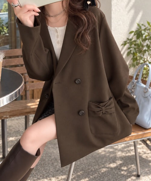 【mily bilet】ハンサムジャケットにリボンで甘さをひとさじ、羽織るだけで大人ガーリー♪リボンポケットテーラードジャケット mi1329107
