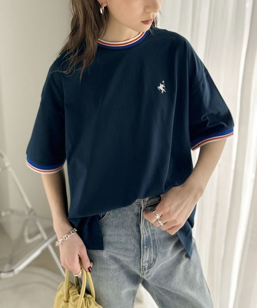 《JaVa ジャバコラボ》大人スポーティー。綿100%シルケット 配色刺繍Tシャツ jv1050074