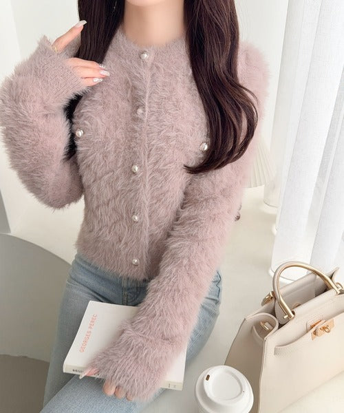 【mily bilet】大人可愛い、愛されニット。パール調ボタン使いキルティング風フェザーニットジャケット mi1359067