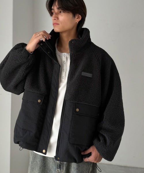 《JaVaジャバコラボ》暖かく包み込む、私のもこもこちゃん♪異素材MIXボア×ナイロン切替スタンドカラージャケット jv1240139