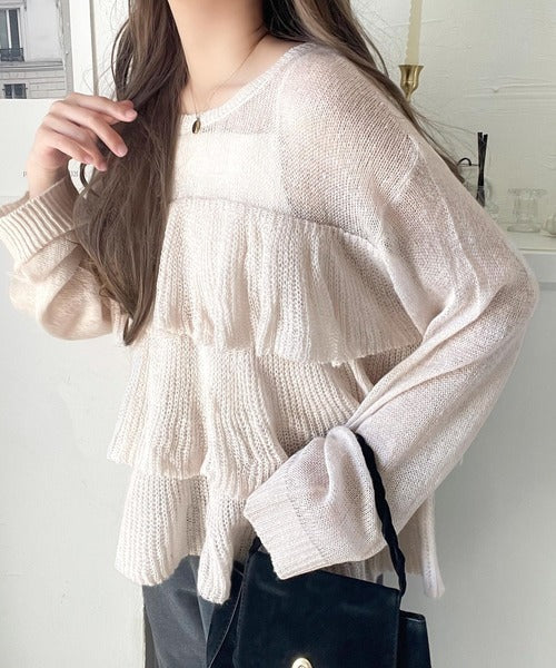 ふんわり大人フェミニン♪ティアードフリルモヘアタッチメッシュ編みニット（長袖） ce1260477