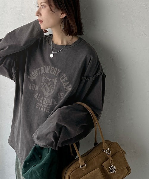 レディなヴィンテージスタイル。綿100％カレッジピグメント袖フリルTシャツ ce1020221
