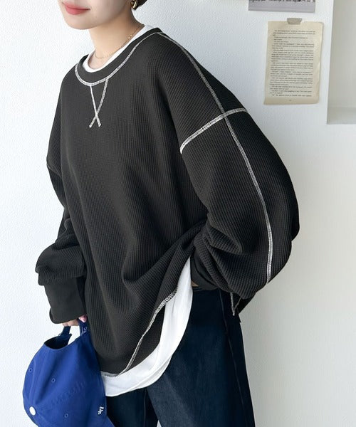 《JaVaジャバ 別注》シンプルなのに格上げ。2way配色ワッフルロンTee jv1260065
