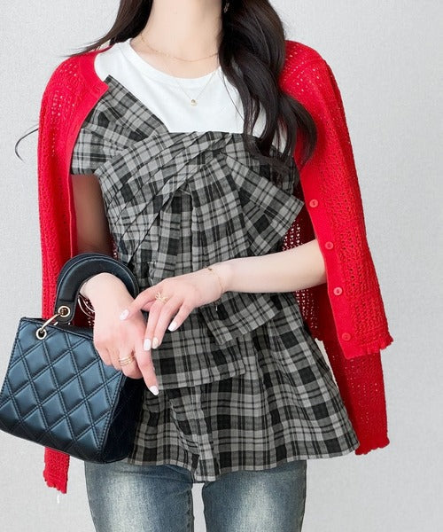 【mily bilet】忙しい朝も悩まない、初夏の一軍トップス。リボンビスチェドッキングTシャツ (半袖) mi1019145