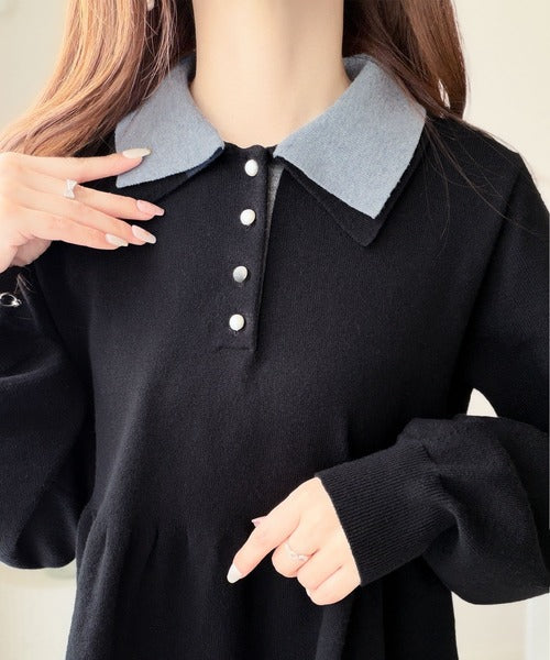 【mily bilet】衿でときめき、裾で華やぐ。パール調ボタン配色ダブルカラーペプラムニット（長袖） mi1359072