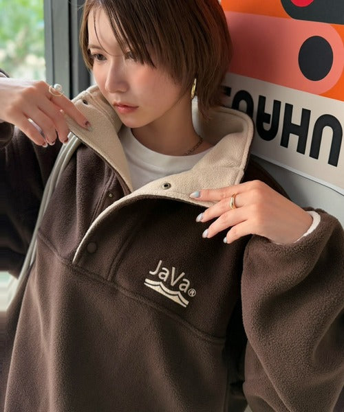 《JaVaジャバコラボ》ふんわり暖か。軽量配色フリースハーフジッププルオーバー（オーバーサイズ） jv1240141