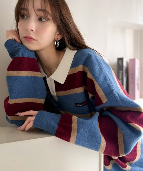 《JaVaジャバコラボ》1枚で洗練された大人の余裕を演出。配色ボーダー柄ポロ襟スウェットライクニット（長袖） jo1250006