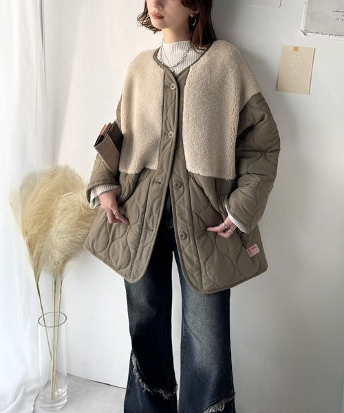 《JaVaジャバコラボ》軽くて暖かい、旬顔ボア切替♪ノーカラーひょうたんキルティングコート jv1240103