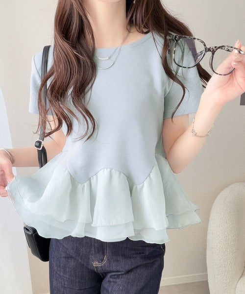 【mily bilet】可憐に揺れて、ときめきを纏う♪前後2wayペプラム切替フリルデザインTシャツ（半袖） mi1019140