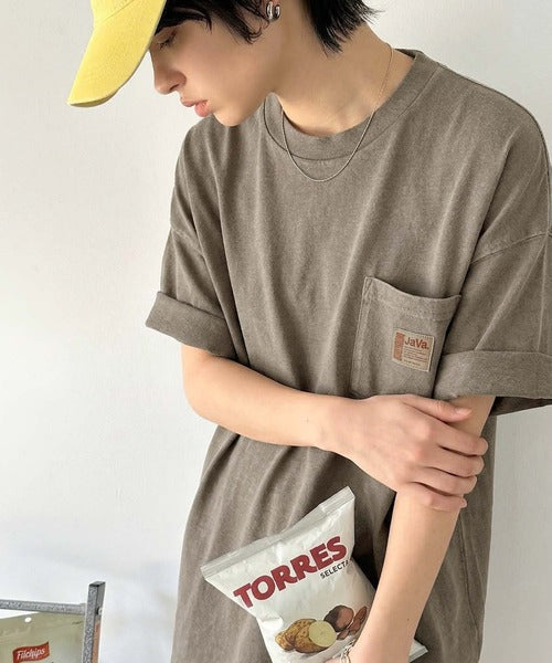 《JaVa ジャバコラボ》古着風ストリートMIX。綿100%ヘヴィーウエイト胸ポケピグメントTシャツ jv1029020