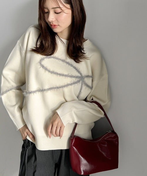 【mily bilet】ゆるっと可愛げ、ふわっと存在感。リボンフェザーコード刺繍ニット（長袖） mi1029130