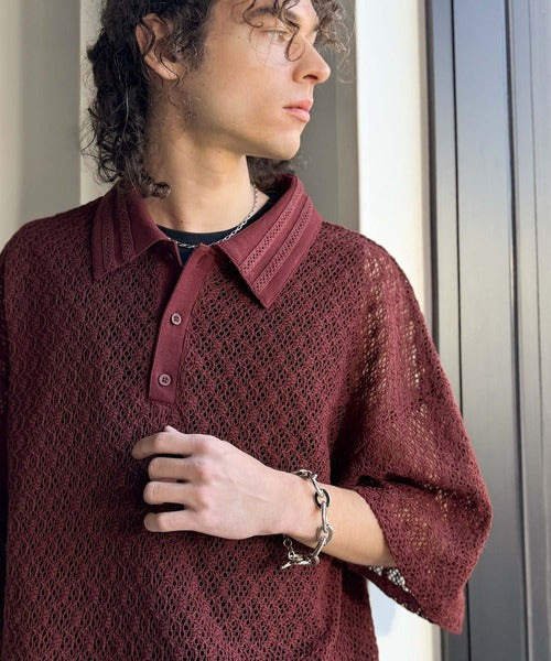「透け感、モードの余韻。」衿ダブルライン使いレース柄ニットポロシャツ/Lace Detail Knit Polo Shirt co1010010