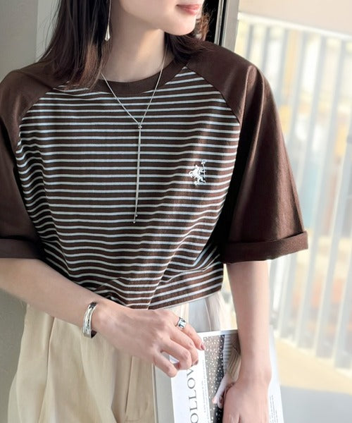 《JaVaジャバコラボ》お洒落迷子の救世主。綿100％胸刺繍ラグラン配色ボーダーTシャツ jv1260558