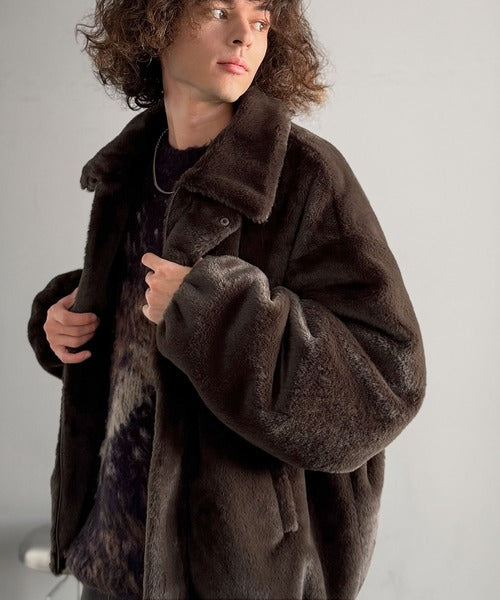 【Classical Origin】「3wayアレンジ可能。」ベルト襟フェイクファー素材ジャケット／Belted Collar Faux Fur Jacket co1150080