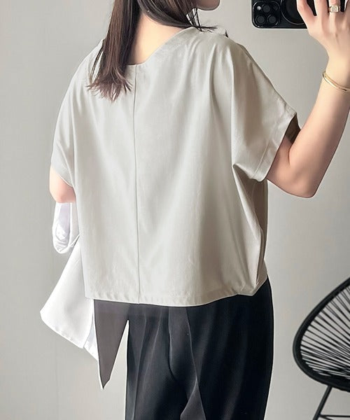 ひんやり素材で涼しく快適に。こなれタックデザインの半袖フレンチスリーブカットソー。（接触冷感機能付き） ce1050264