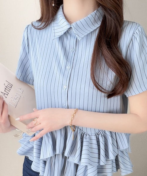 【mily bilet】360度どこから見ても可愛い！無地＆ストライプ襟付き裾ダブルフリルシャツ(半袖) mi1329096
