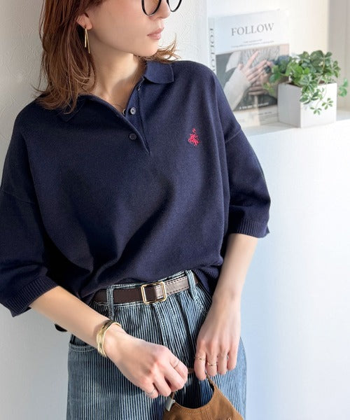 抜け感のあるゆったりシルエット。胸刺繍で上品さをプラス♪胸刺繍ルーズポロニットプルオーバー(半袖) ce1240115