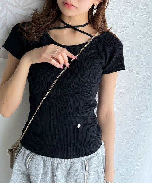 【mily bilet】お洒落この夏さらっと着れる♪チョーカーリボン紐付きサマーニットトップス(半袖) mi1029110