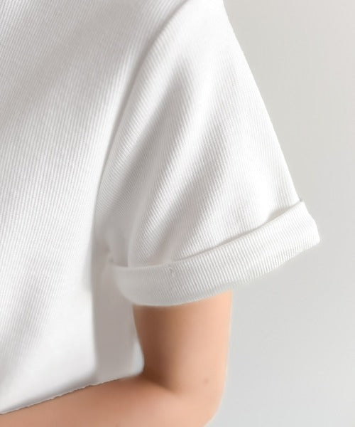 すっきり華奢魅せ。袖ロールアップ胸刺繍入りヘンリーネックリブTシャツ (半袖) ce1410009